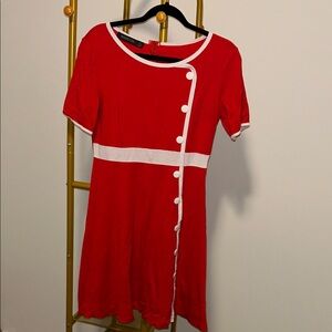 Red and White Button-Accent Midi Dress